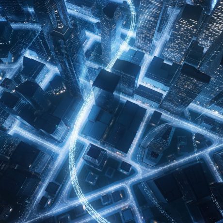 Cityscape With Glowing Data Lines - Big Data, Internet Of Things, Digital Business